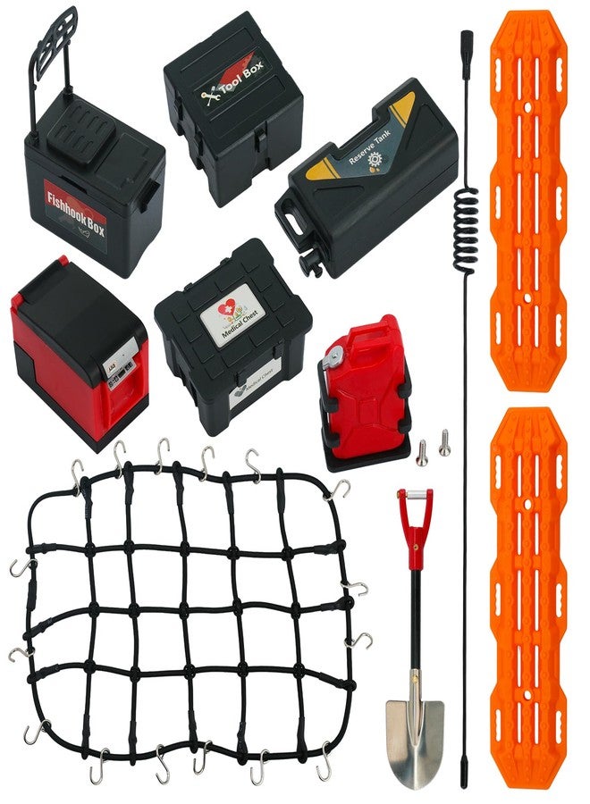 POLANTA 11Pcs Roof Rack Accessories Set Simulation Luggage Net/Fuel Tanks/Shovel/Recovery Boards/Fishing Boxes Tool Case/Antennas Compatible with 1/10 Scale RC Crawler TRX4 TRX6/SCX10/Gen7 Gen8 - Image 1